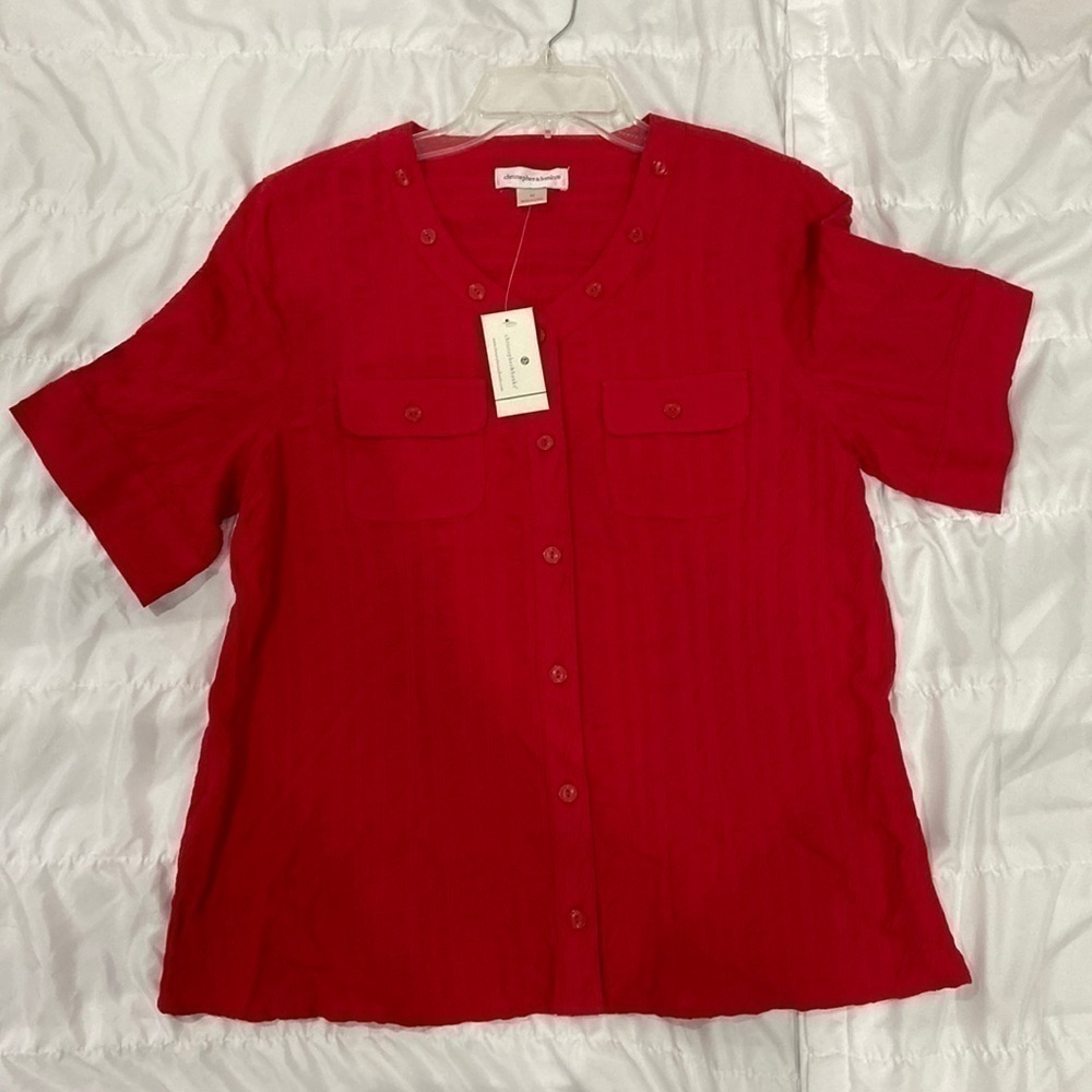 Christopher and Banks Short Sleeve Button Down Shirt Buttons Around the Neck.